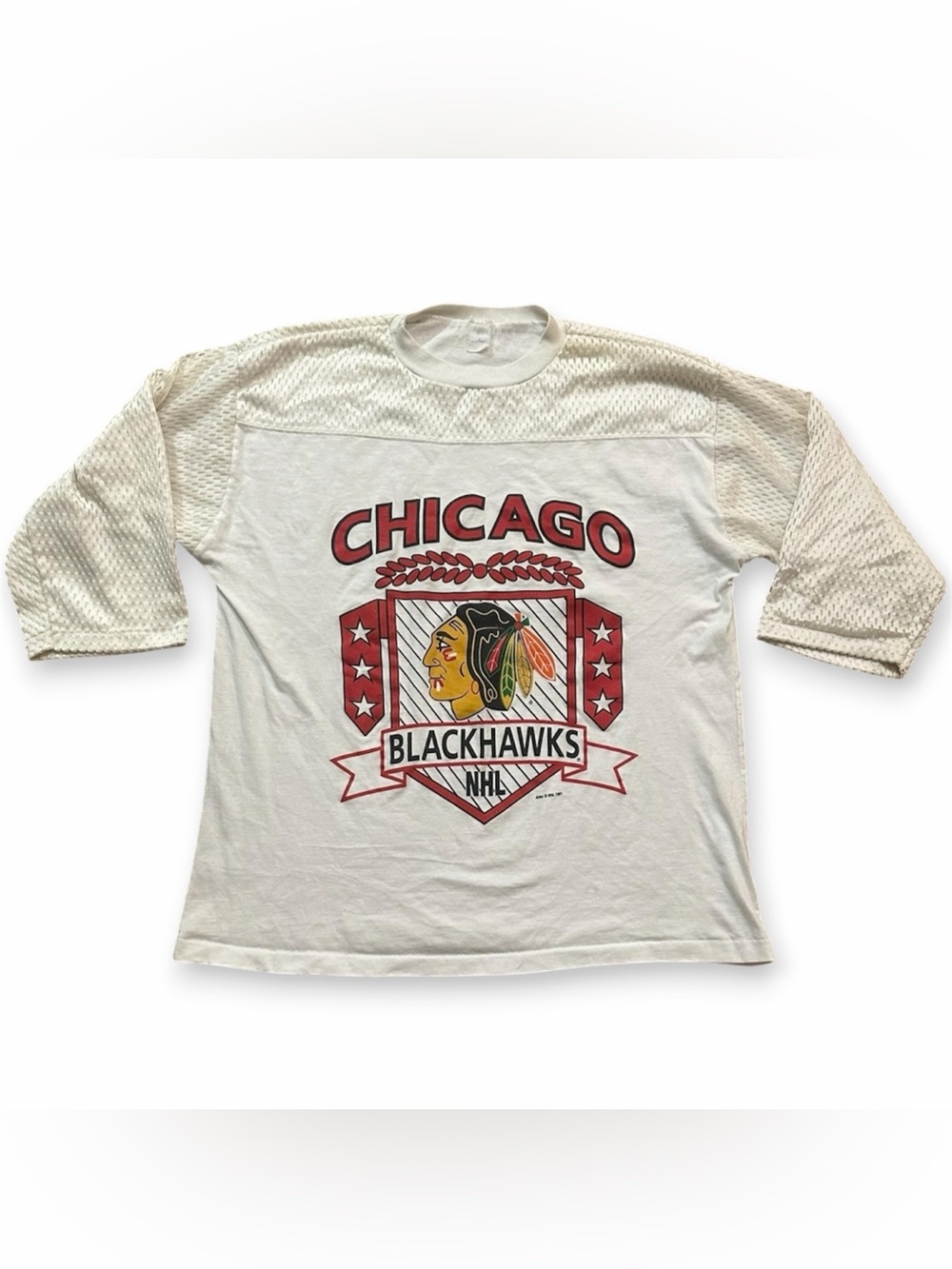 VTG 1991 Chicago Blackhawks Artex NHL White Jersey Shirt Mesh Sleeves
